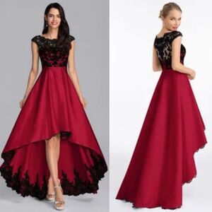 JJ's House A-line Scoop Illusion Asymmetrical Satin Lace Evening Dress Sz 16/18W